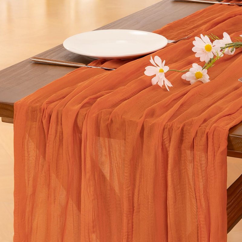 Socomi 3pcs Orange Cheesecloth Table Runner Summer Boho Rustic Gauze 120 inch 10FT Cheese Cloth Sheer Runner for Wedding Party Baby Shower Birthday Home Decor Holiday Decorations
