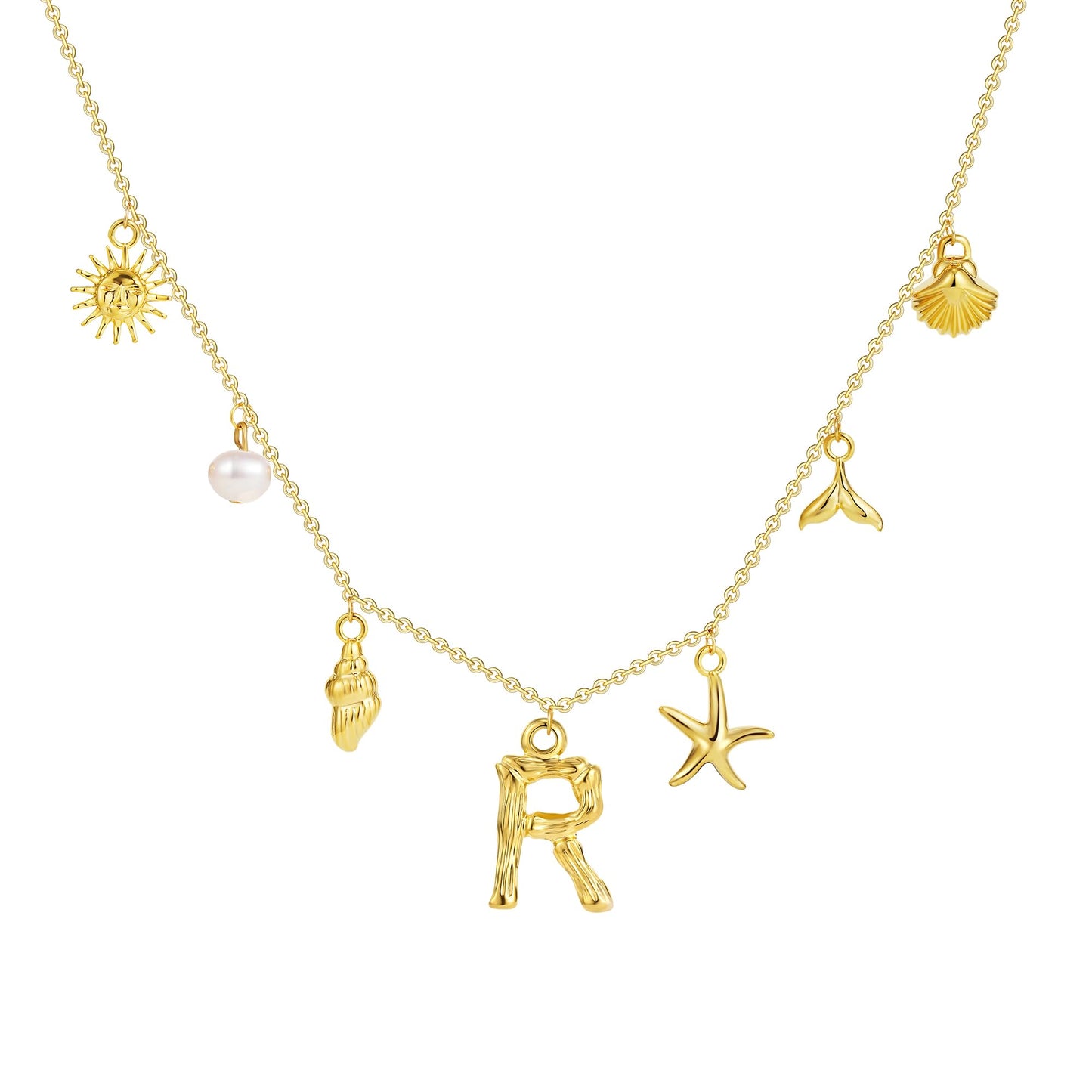SLOONG Initial Charm Necklace 14K Gold Plated Letter Neckalce Freshwater Pearl Necklace Choker Boho Summer Seashell Beach Starfish Surfer Jewelry Gifts for Women R