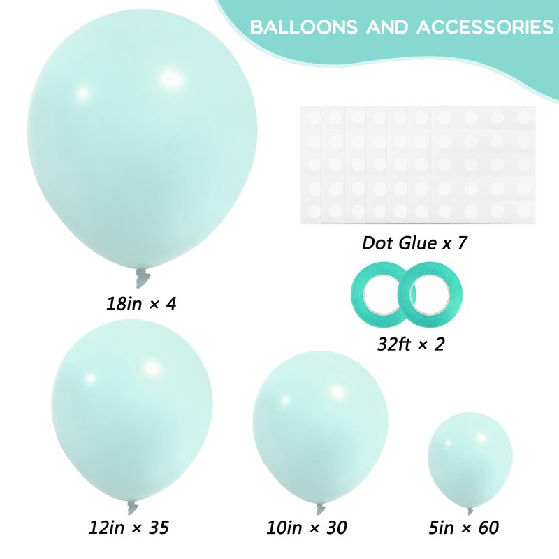 RUBFAC 129pcs Mint Green Balloons Different Sizes 18 12 10 5 Inch, Pastel Makani Blue Balloon Garland Arch Kit for Birthday Baby Shower Gender Reveal Easter Wedding Party Decoration