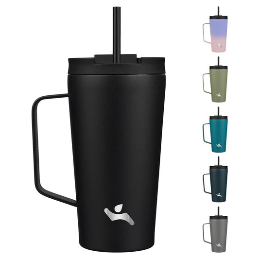 Insulated Tumbler with Handle and Straw, 18 OZ Travel Coffee Mug Stainless Steel Cup Metal Water Bottle,Black