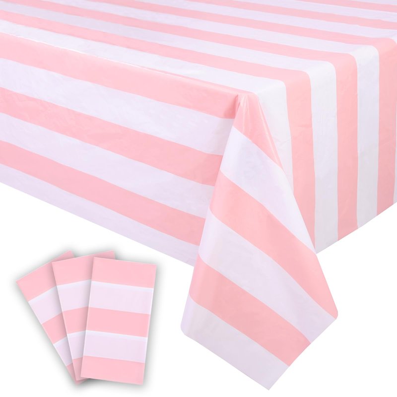 Kesfey 3 Packs Pink and White Vertical Striped Tablecloth 54 x 108 Inch Pink Stripe Table Cloths Disposable Plastic Stripe Table Covers Waterproof Pink Striped Picnic Table Cover for Birthday Party