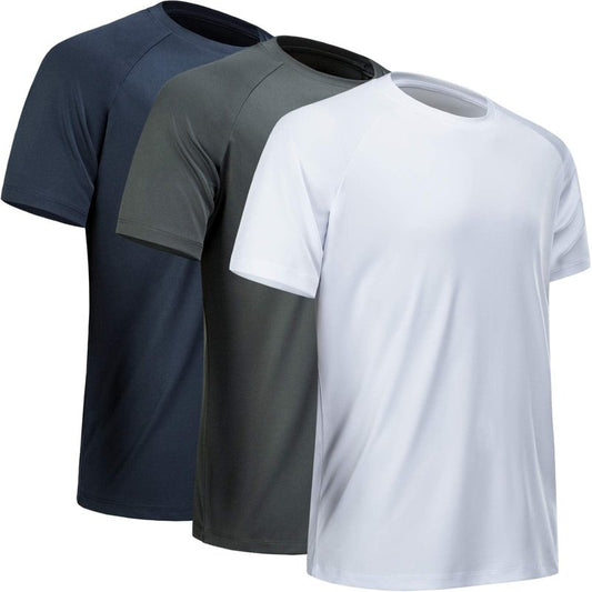 MCPORO Workout Shirts for Men Short Sleeve Quick Dry Athletic Gym Active T Shirt Moisture Wicking 3 Pack Navy, Dark Grey, White Large