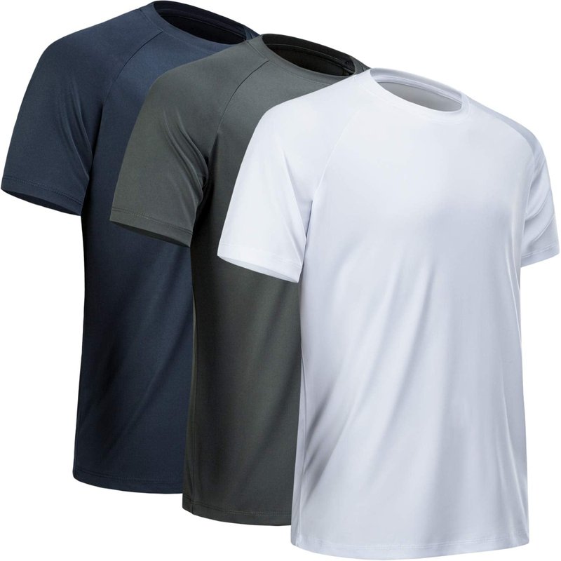 MCPORO Workout Shirts for Men Short Sleeve Quick Dry Athletic Gym Active T Shirt Moisture Wicking 3 Pack Navy, Dark Grey, White 3X-Large