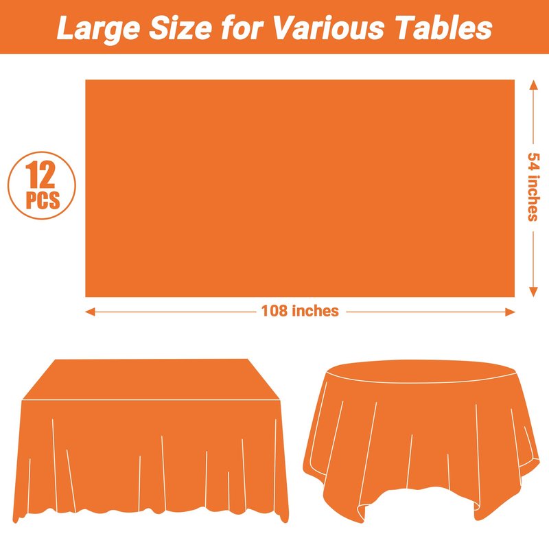 QZYL 12 PCS Orange Rectangle Table Cover, Disposable Plastic Table Cloth Rectangle, 54 X 108 in Decorative Smooth Table Cloth for Picnic Table Birthday Parties Weddings Outdoor Celebrations