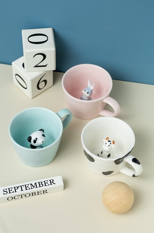 DIHOclub Cow Ceramic Cup Hidden 3D Animal Inside Mug,Cute Cartoon Handmade Figurine Mugs,Holiday and Birthday Gift for Coffee Milk Tea Lovers,12 OZ(White,Black)