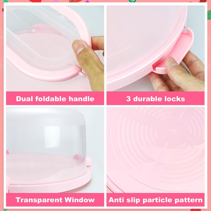 RTUDOPUYT Cake Carrier with Lid and Handle, Fit 10’’ Cake Stand with Lid, Cake Transport Storage Container, Cake Containers Cover Stand with Lids, 3 Secure Side Closures (Pink)