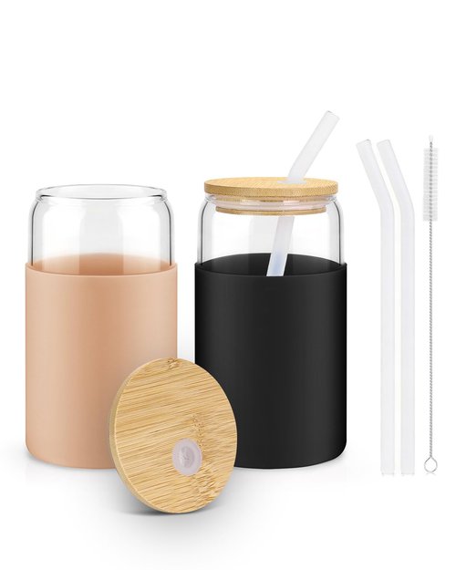 Glass Cups with Lids and Straws, 2 Pack 16OZ Iced Coffee Cups with Silicone Sleeve, Glass Tumbler with Straw and Bamboo Lid, Home Essential Drinking Set for Juice, Cocktail and Latte Black&Khaki