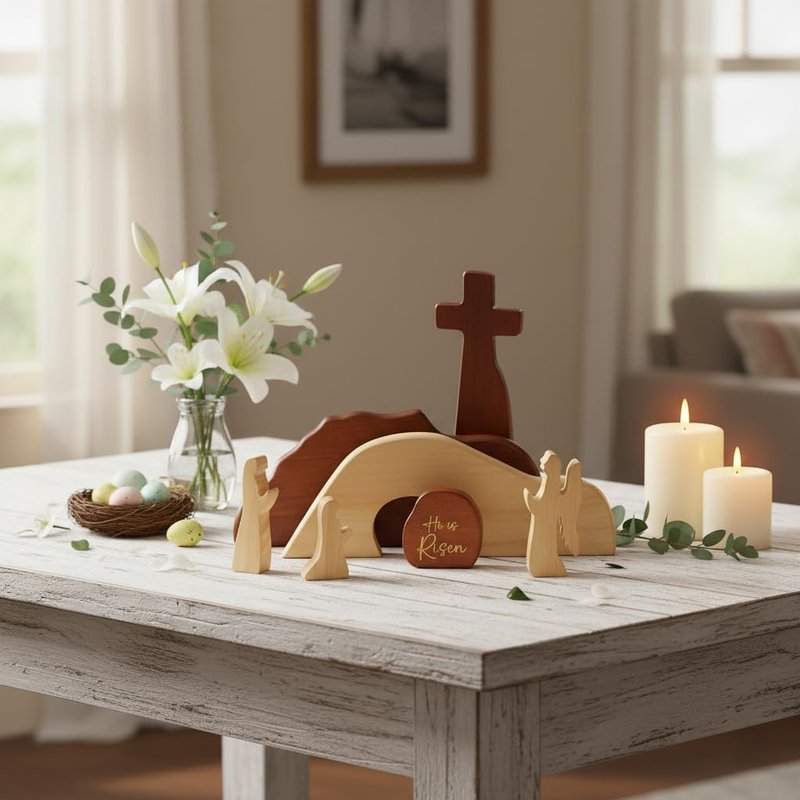 RUSATEN He is Risen Easter Decor – Wooden Resurrection Scene with Empty Tomb, Cross & Figurines, Christian Religious Tabletop Decoration for Home, Faith Easter Gift, Easter Basket Stuffer
