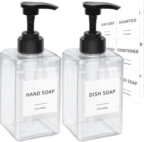 Clear Soap Dispenser - Waterproof Labels & Thickened Plastic | 15oz 2-Pack for Bathroom & Kitchen