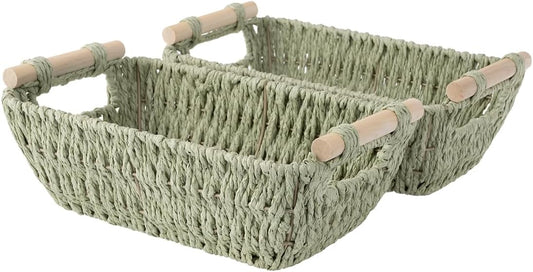 StorageWorks Round Woven Basket - Paper Rope with Wooden Handles | Bosana Green, 2-Pack for Gifts & Storage