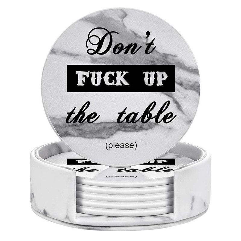 Thipoten Funny Coasters, 6 Pcs Leather Coasters with Holder, Perfect Housewarming Hostess Gifts, Protect Furniture from Water Marks Scratch and Damage(6Pcs, White Marble)