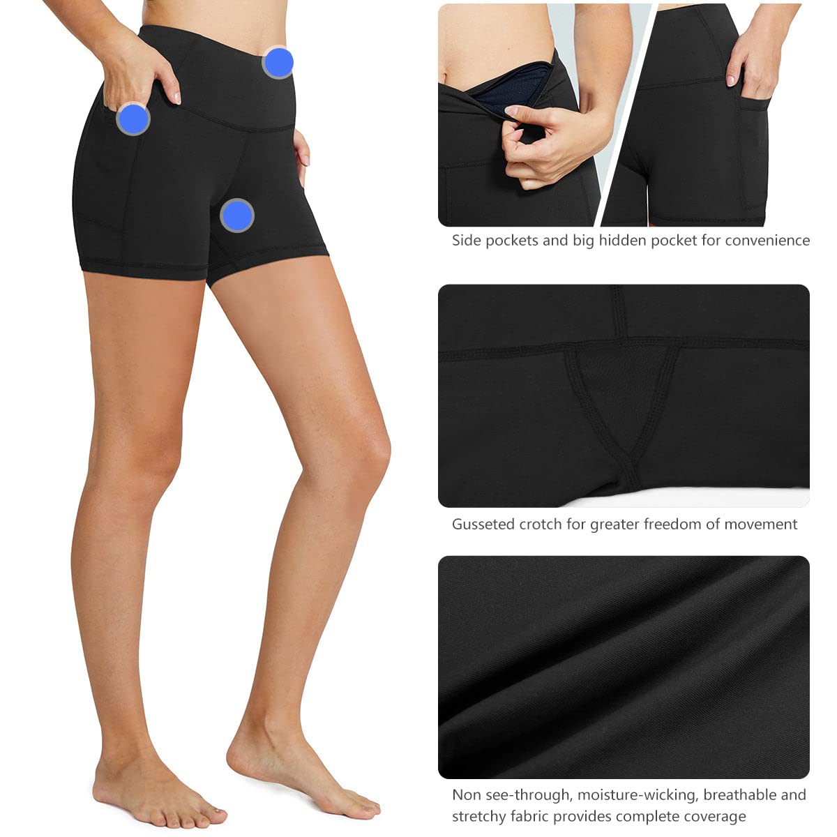 baleaf Biker Shorts for Women 5" Workout Yoga Gym Spandex Running Volleyball Compression Tummy Control Short with Pockets Black L