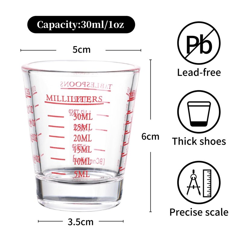 Shot Glasses Measuring cup Espresso Shot Glass Liquid Heavy Wine 2 Pack 26-Incremental Measurement 1oz, 6 Tsp, 2 Tbs, 30ml (2 pack-red)