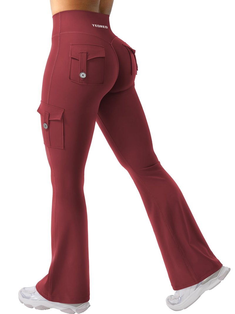 YEOREO CoreFlex Women Workout Flare Leggings with Pockets Hidden Scrunch High Waisted Cargo Gym Yoga No Front Seam Leggings Anchor Red XL