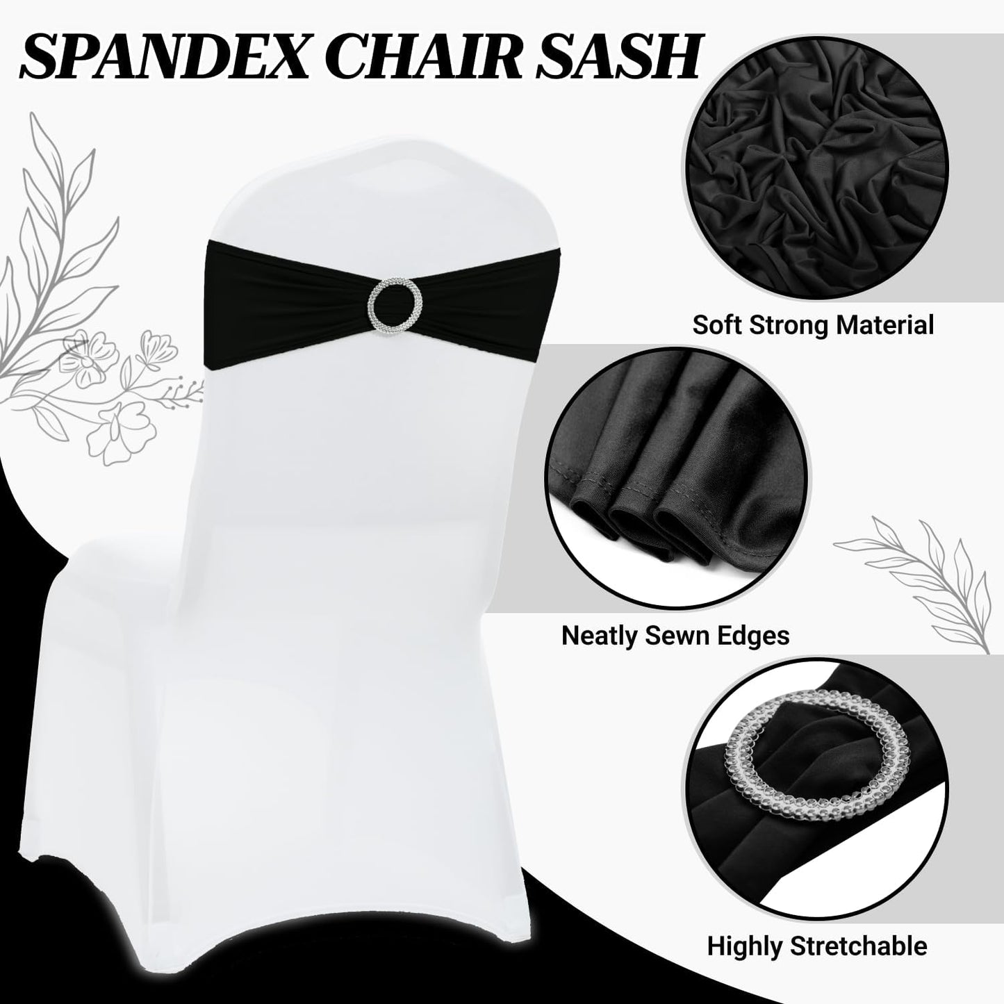 MDS Spandex Chair Sashes - Premium Stretch Covers with Buckle Slider for Weddings & Events | Black, Set of 75