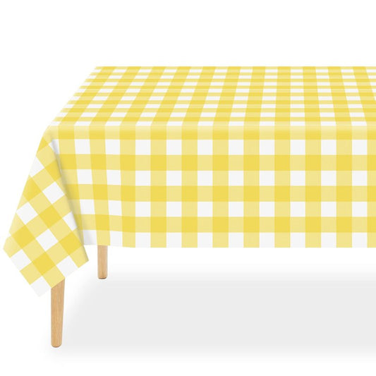 QIKSION Yellow Gingham Tablecloth Disposable 6 Pack, 54 x 108 Inch Yellow and White Checkered Table Cloth for Easter Decorations, Birthday Party Supplies, Rectangle, Plastic Table Cover