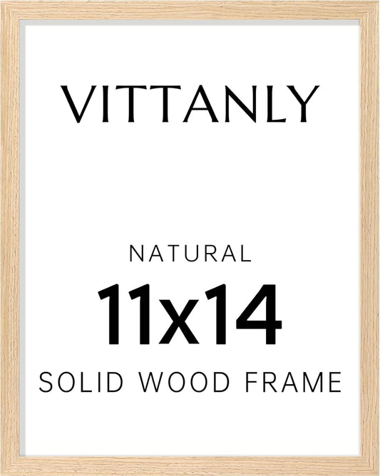 Vittanly 11x14 Picture Frame - Solid Wood with Plexiglass & 8x10 Mat | Natural Wall Hanging Decor