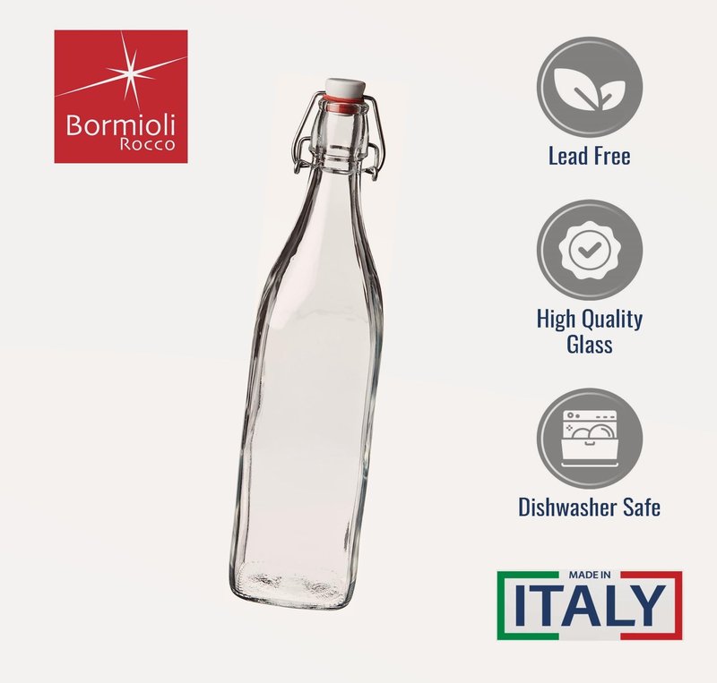 Bormioli Rocco 33.75oz Swing Bottle (Set of 2) - Reusable Glass with Airtight Leakproof Swing Tops, BPA-Free Office Water Bottle, Great for Homemade Syrups, Dressings, Infused Oils, Fresh Juices