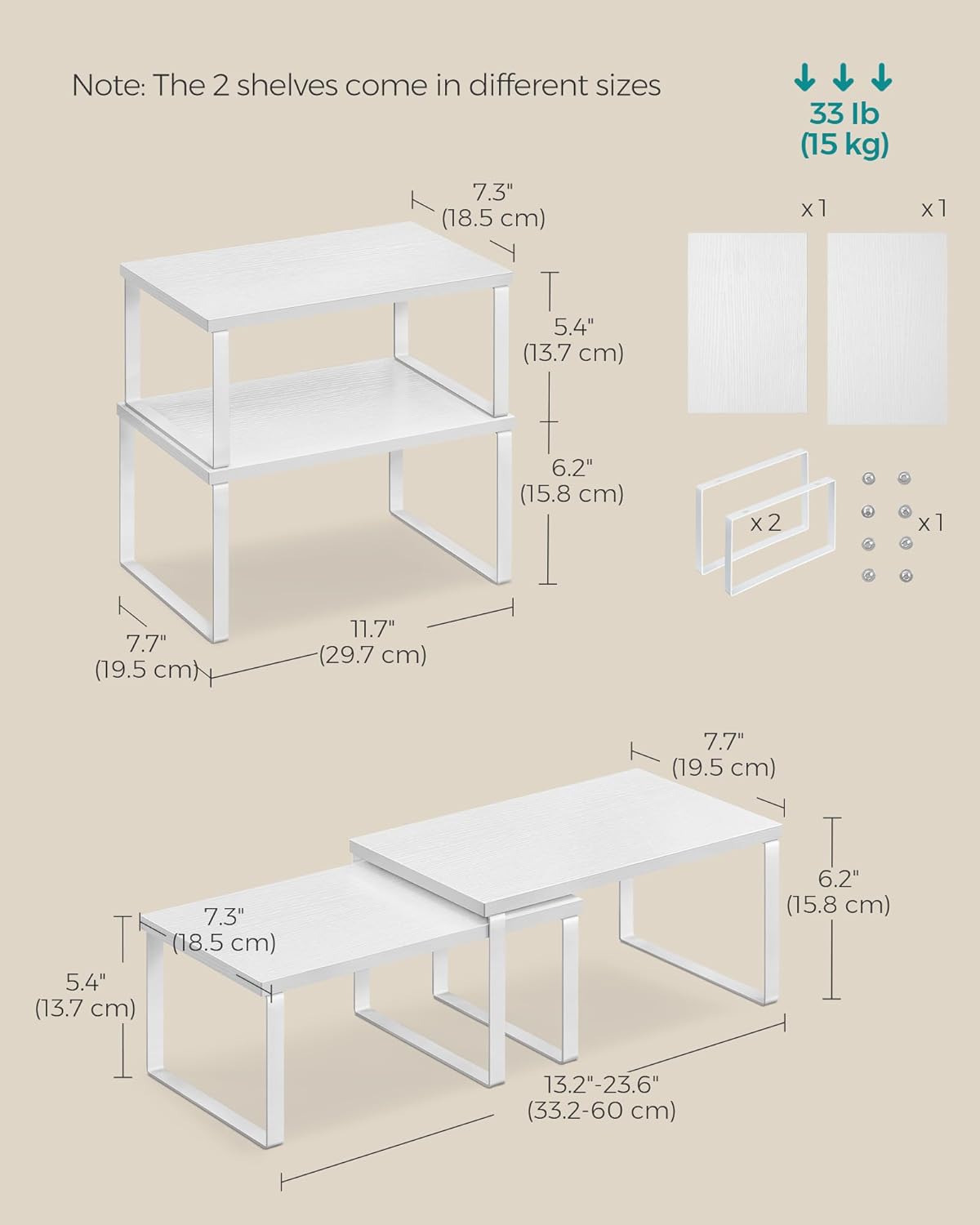 SONGMICS Kitchen Organizer Shelves - Set of 2 Stackable Spice Racks | Metal & Engineered Wood, Cloud White