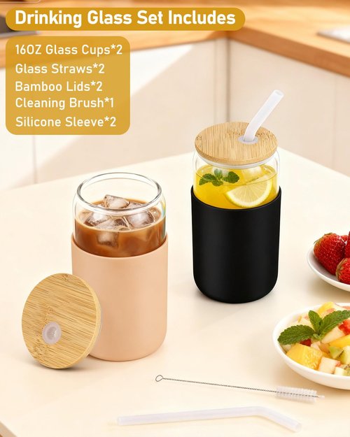 Glass Cups with Lids and Straws, 2 Pack 16OZ Iced Coffee Cups with Silicone Sleeve, Glass Tumbler with Straw and Bamboo Lid, Home Essential Drinking Set for Juice, Cocktail and Latte Black&Khaki