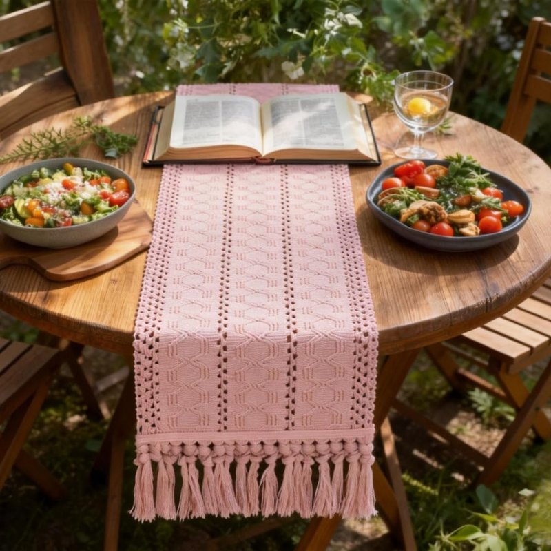 Socomi Boho Table Runner Easter Spring Farmhouse Rustic Dining Kitchen Centerpiece Decor Small Macrame Woven Cotton Linen Coffee Table Runner for Dresser Scarf Home Decor 12x72 in Pink