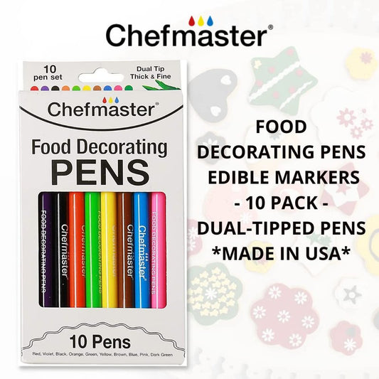 Chefmaster - Food Decorating Pens - Edible Markers - 10 Pack - Dual-Tipped Pens, Fade-Resistant Color, Easily Decorate Desserts - Made in the USA