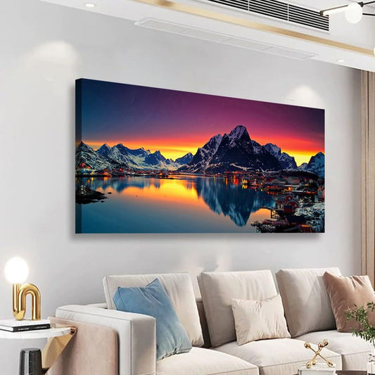 Lofoten Islands Norway Canvas Wall Art - 40"x20" Snowy Mountain Fjord Village Sunset Landscape Print, Waterproof Modern Wall Decor for Living Room Bedroom Office, Ready to Hang