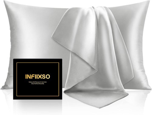 INFIIXSO Mulberry Silk Pillowcase - Ultra Smooth & Soft for Hair and Skin | Standard Size 20x26 Inches, Light Grey