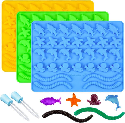 Silicone Gummy Molds - Ocean-Themed Candy Molds with Worms, Starfish, Dolphins & Sharks | Pack of 3