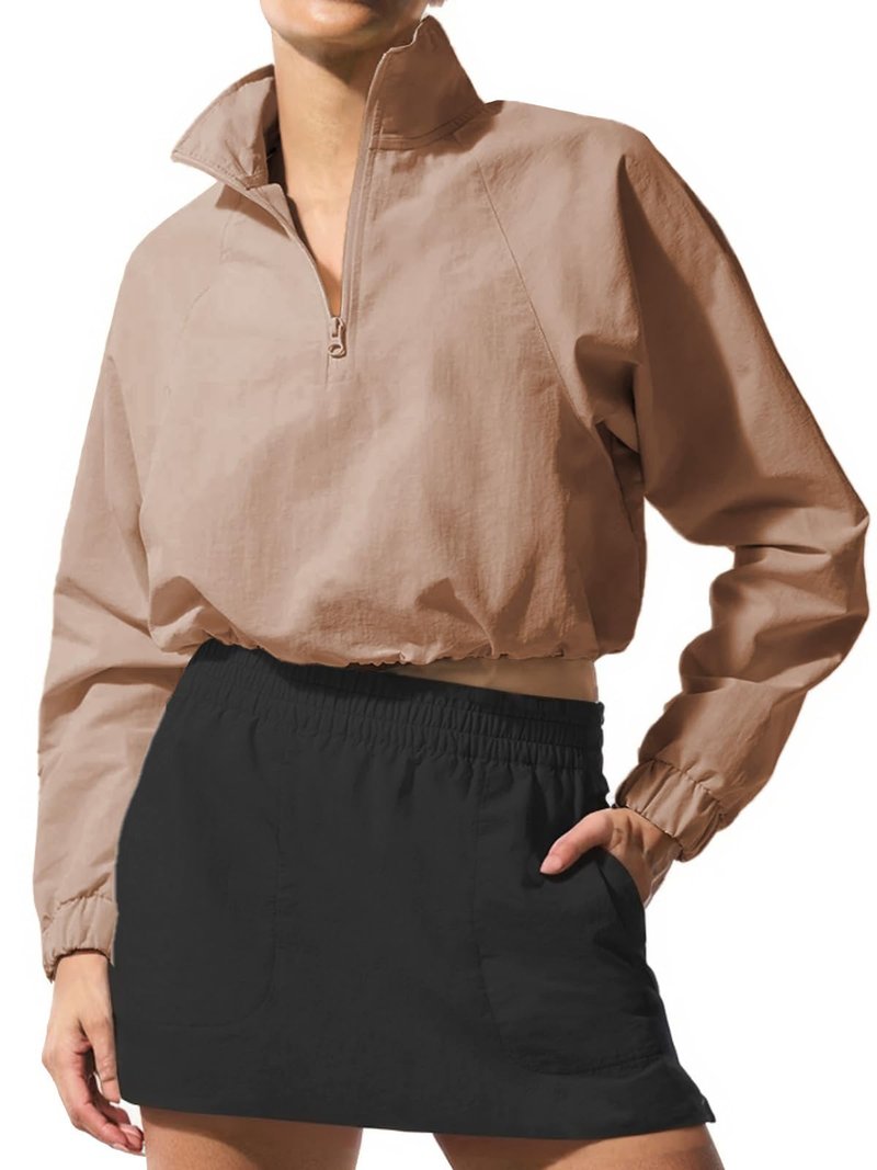 INFITTY Women's Workout Jacket Lightweight Zip Up Yoga Jacket Cropped Athletic Casual Loose Pullover Tops Cream Coffee L