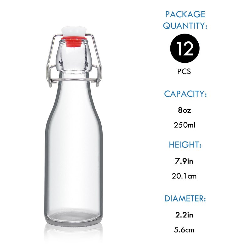 YEBODA 12 Pack Swing Top Glass Bottles 8oz Flip Top Glass Bottles for Home Brewing,2nd Fermentation,Kombucha,Kefir,Vanilla Extract,Juice,Tea,Beverages,Soda,Oil,Vinegar,Limoncello,Beer