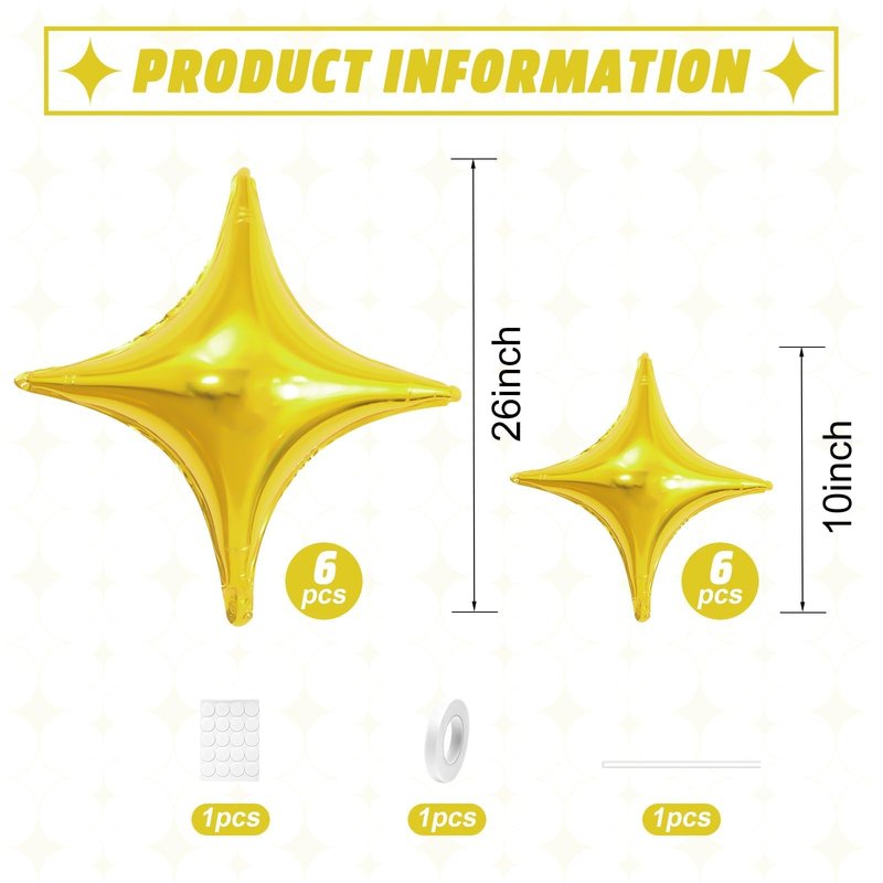 Gold Star Balloons,12Pcs Four Angle Star Foil Balloons,26Inch and 10Inch Gold Quadrangle Helium Balloon for Birthday Graduation Anniversary Baby Shower Wedding Party Decorations