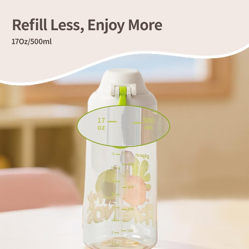 Pigeon PPSU Kids Water Bottle, 17oz/500ml – Dual Spouts, BPA-Free, Leak-Proof, One-Click Lid & Adjustable Strap, Durable for School & Outdoor, Ages 3+, Talkative and Friends