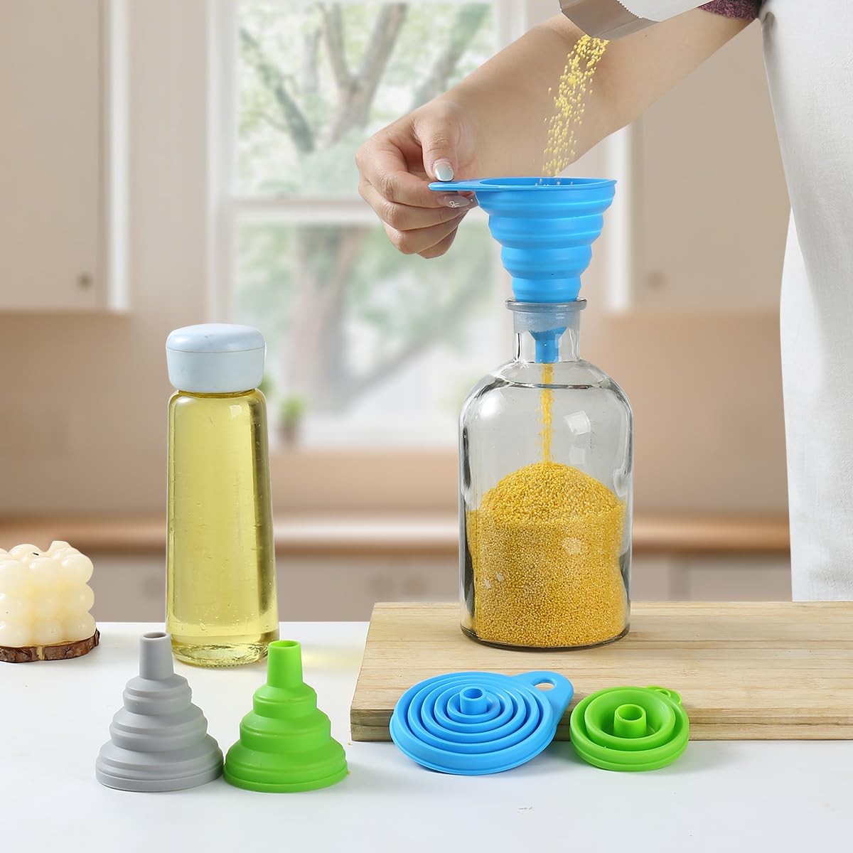 Skiennix Silicone Collapsible Funnels - 6 Pack Kitchen Set for Easy Filling | 3 Small & 3 Large, Food Grade