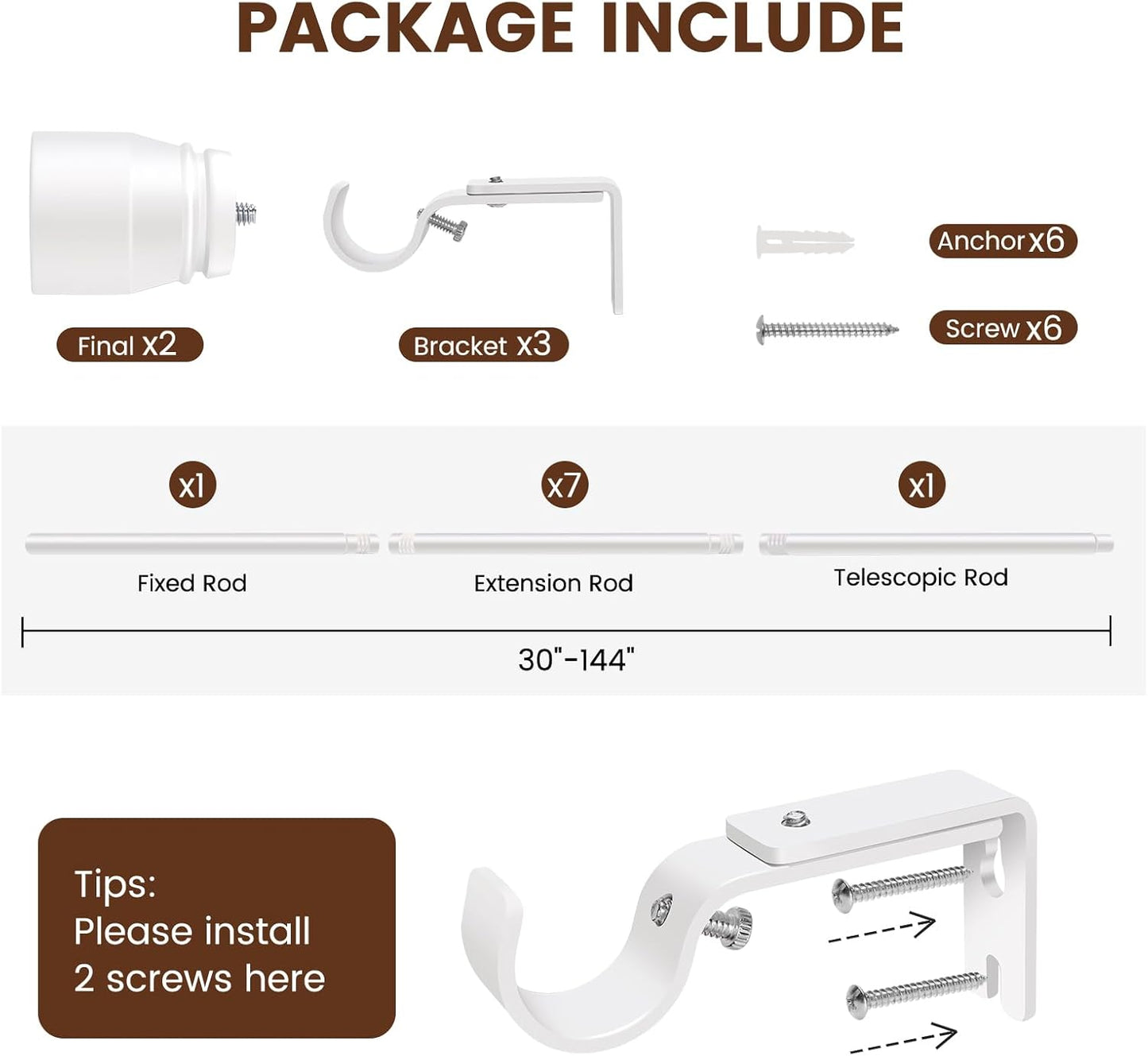 Skiennix Adjustable Curtain Rod - Heavy Duty 1” Diameter, 30 to 144 Inch, Matte White Finish