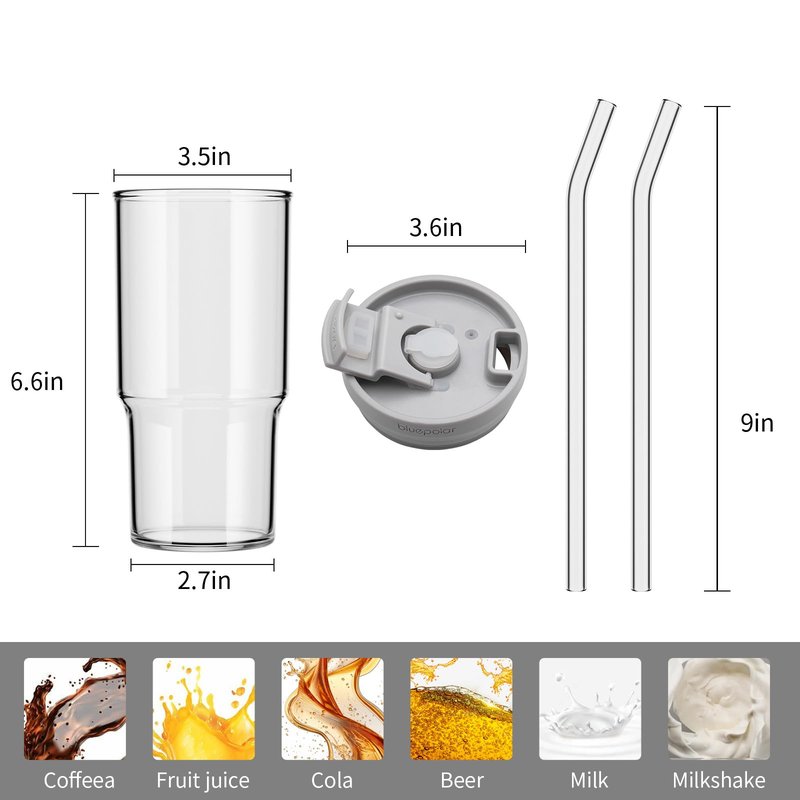BLUEPOLAR 20 oz Glass Cups with Lids and Straws - Leak-Proof Portable Travel Water Glass Tumbler for Smoothies, Iced Coffee, Matcha, and Cold Beverages - Durable and Eco-Friendly (grey)