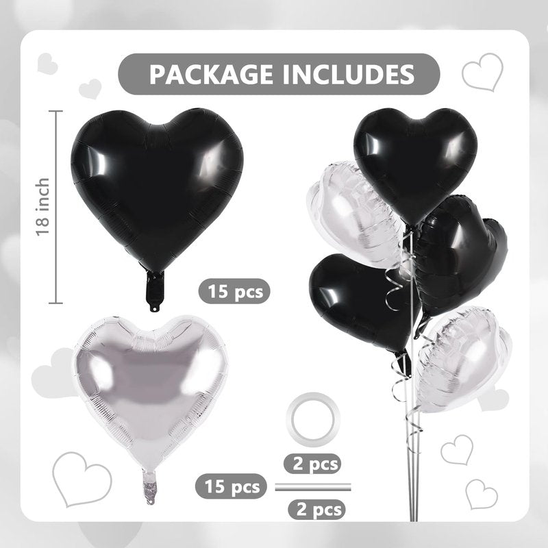TONIFUL 30Pcs 18 Inch Black Silver Balloons Black Silver Heart Shape Foil Mylar Banners Decoration for Birthday Valentine's Day Wedding Bridal Shower Anniversary Engagement Party Supplies