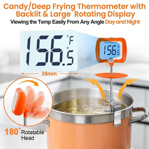 Deep Fry Thermometer - Digital Candy/Candle/Meat Thermometer with Rotatable Large Display, 10'' Long Probe, Programmable Instant Read for Oil Cooking (Orange)
