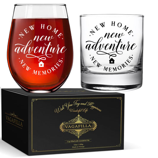 Vagafilla New Home New Adventure New Memories Stemless Wine & Whiskey Glass Gift Set 15oz, Funny Housewarming Gift for New Homeowner Hostess Realtor Clients Friends Bride Parent Groom Wine Lover-2