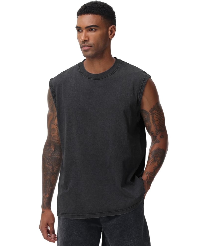 SnowElve 3 Pack Mens Workout Tank Tops Sleeveless Tee Shirts Men Muscle Shirt Gym Acid Wash T Shirts Running Beach Loose Fit Tee(BKAGAC,M)