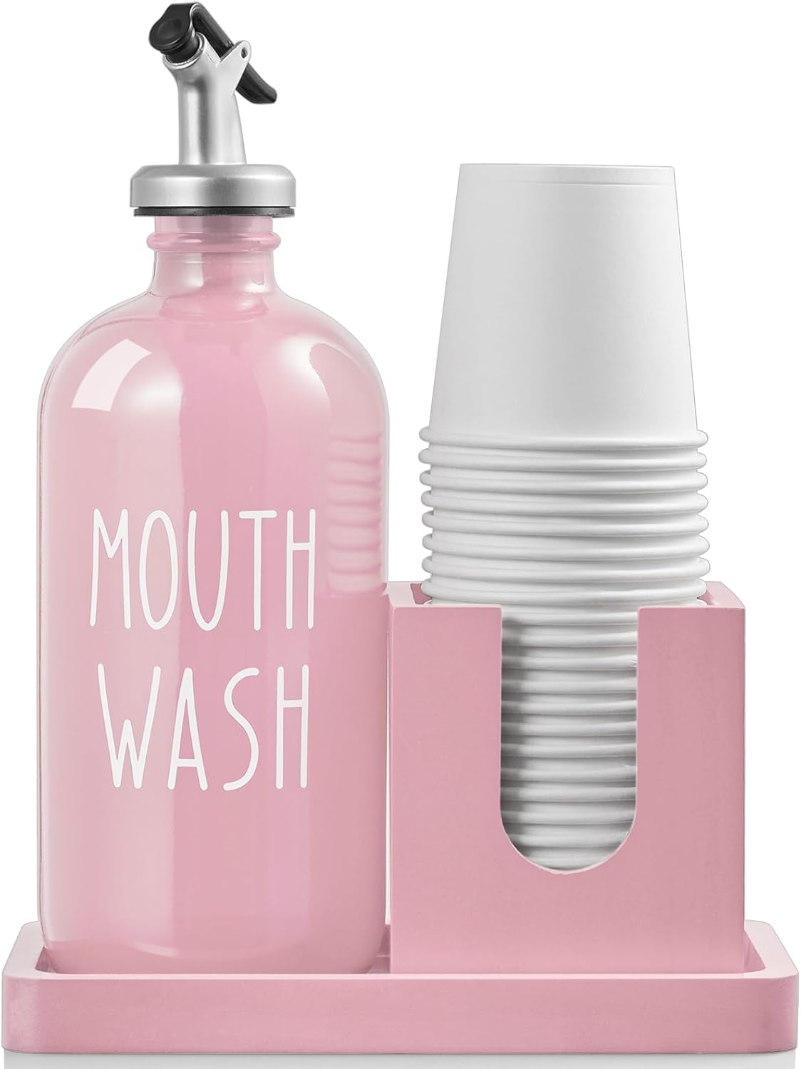 Skiennix Glass Mouthwash Dispenser - 16 OZ with Pour Spout & Wood Cup Holder | Pink Farmhouse Decor