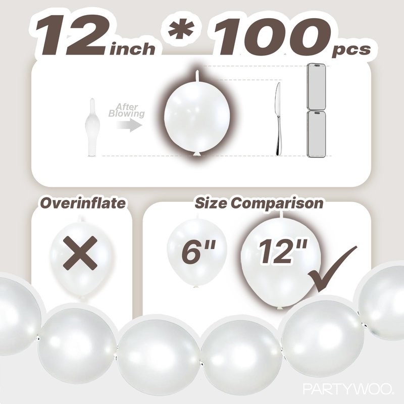 PartyWoo Pearl White Linking Balloons 100pcs 12 Inch White Link Balloon for Anniversary Retirement Wedding Graduation Baby Shower Birthday Gender Reveal Engagement Party Decorations White-W14