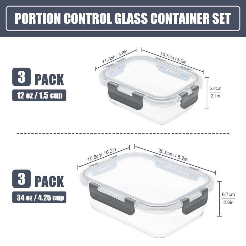 SOACOAKO 6 Pack Glass Food Storage Containers with Airtight Lids, Meal Prep Containers for Lunch, Leftovers, BPA Free (Grey)