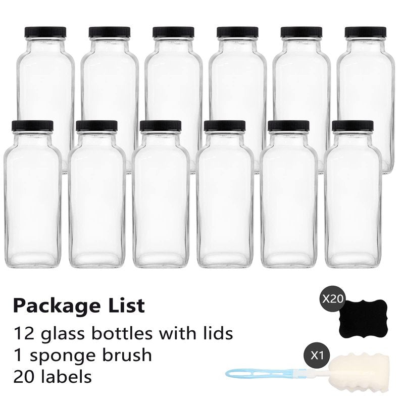 GUANENA 12 Pack Glass Drink Bottles, 12 OZ Vintage Square Water Bottles with Lids, Juice Bottles Beverages Containers for Milk, Kombucha, Smoothies
