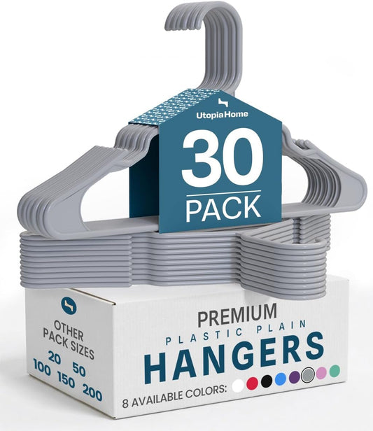Utopia Home Plastic Hangers - Durable Space-Saving Clothes Hangers - 30 Pack in Grey