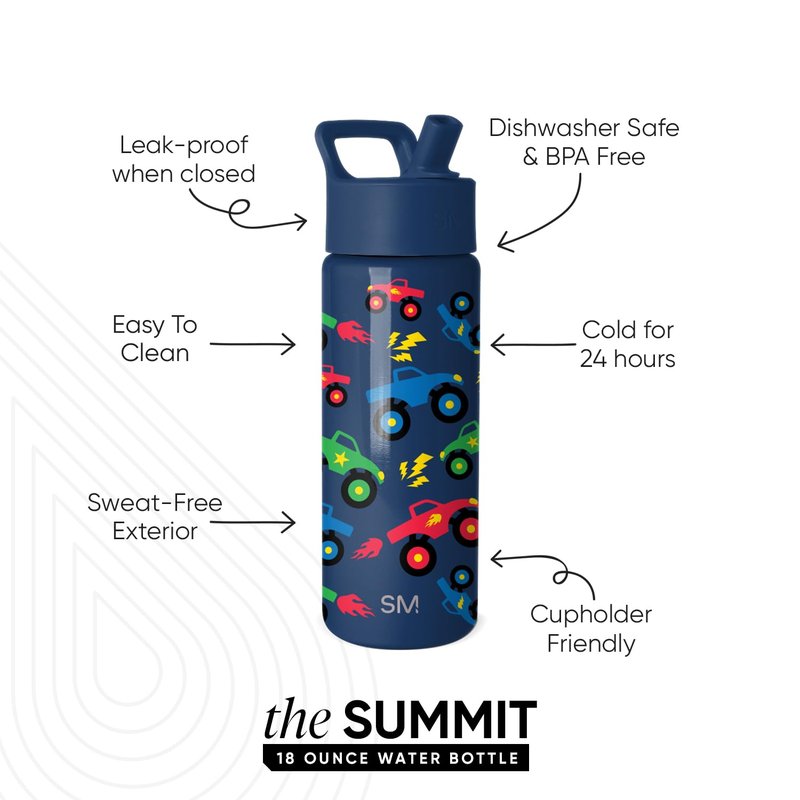 Simple Modern Kids Summit Water Bottle with Straw Lid | 18oz Stainless Steel Cup Insulated Tumbler for Boys, School | Monster Truck Rally