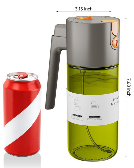 OURCABECUE Upgrade 2 in 1 Oil Sprayer for Cooking, 17oz Light-Blocking Glass Olive Oil Dispenser Bottle for Kitchen,Food-Grade Oil Mister with 8 Stickers for Salad, Frying (Green Bottle-Grey Gap)