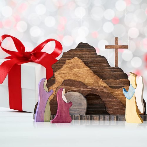 IoF Easter Resurrection Scene Ornament, Wooden Religious He is Risen Easter Decorations, Wood Christian Empty Tomb Figurines, Jesus Nativity Home Decor Set Gifts for Kids for Easter, Christmas, Office