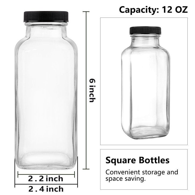 GUANENA 12 Pack Glass Drink Bottles, 12 OZ Vintage Square Water Bottles with Lids, Juice Bottles Beverages Containers for Milk, Kombucha, Smoothies