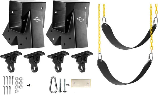 ABUSA Heavy Duty Swing Sets Brackets Including 2 Black A-Frame Swing Set Brackets 2 Swing Seats and 4 Swing Hangers for Playground Equipment Mounting Parts Hardware Included (B007)
